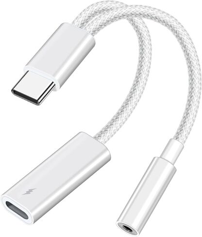 2 in 1 USB C to 3.5mm Headphone Adapter, PD 60W Fast Charging USB C(Male) to Lighting (Female) Cable, USB C to Aux Audio Cable for iPhone 15 Pro Max, Galaxy S24 S23 S22 Ultra, Z Flip 5, White in Kuwait