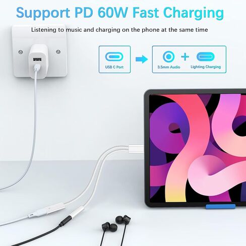 2 in 1 USB C to 3.5mm Headphone Adapter, PD 60W Fast Charging USB C(Male) to Lighting (Female) Cable, USB C to Aux Audio Cable for iPhone 15 Pro Max, Galaxy S24 S23 S22 Ultra, Z Flip 5, White in Kuwait