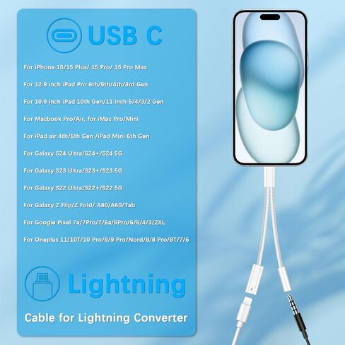 2 in 1 USB C to 3.5mm Headphone Adapter, PD 60W Fast Charging USB C(Male) to Lighting (Female) Cable, USB C to Aux Audio Cable for iPhone 15 Pro Max, Galaxy S24 S23 S22 Ultra, Z Flip 5, White in Kuwait
