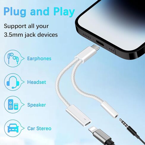 2 in 1 USB C to 3.5mm Headphone Adapter, PD 60W Fast Charging USB C(Male) to Lighting (Female) Cable, USB C to Aux Audio Cable for iPhone 15 Pro Max, Galaxy S24 S23 S22 Ultra, Z Flip 5, White in Kuwait