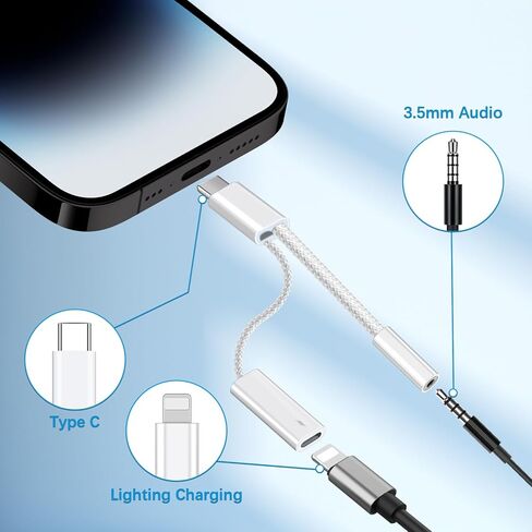 2 in 1 USB C to 3.5mm Headphone Adapter, PD 60W Fast Charging USB C(Male) to Lighting (Female) Cable, USB C to Aux Audio Cable for iPhone 15 Pro Max, Galaxy S24 S23 S22 Ultra, Z Flip 5, White in Kuwait