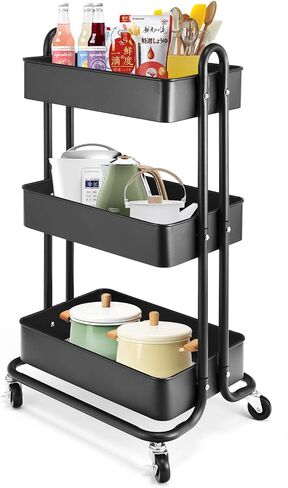 3-Tier Metal Utility Rolling Cart, Heavy Duty Multifunction Cart with Lockable Casters, Easy to Assemble, Suitable for Office, Bathroom, Kitchen, Garden (Black) in Saudi Arabia