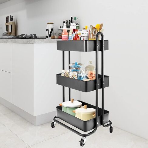 3-Tier Metal Utility Rolling Cart, Heavy Duty Multifunction Cart with Lockable Casters, Easy to Assemble, Suitable for Office, Bathroom, Kitchen, Garden (Black) in Saudi Arabia
