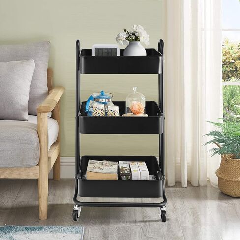 3-Tier Metal Utility Rolling Cart, Heavy Duty Multifunction Cart with Lockable Casters, Easy to Assemble, Suitable for Office, Bathroom, Kitchen, Garden (Black) in Saudi Arabia