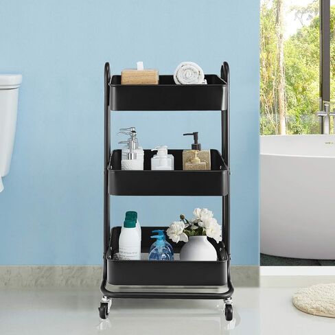 3-Tier Metal Utility Rolling Cart, Heavy Duty Multifunction Cart with Lockable Casters, Easy to Assemble, Suitable for Office, Bathroom, Kitchen, Garden (Black) in Saudi Arabia