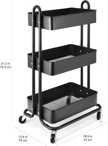3-Tier Metal Utility Rolling Cart, Heavy Duty Multifunction Cart with Lockable Casters, Easy to Assemble, Suitable for Office, Bathroom, Kitchen, Garden (Black) in Saudi Arabia