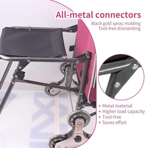 جيسي عربة دوارة قابلة للطي مع عجلات عربة تسوق حقيبة عربة محمولة، عربة خدمات عربات سلالم شديدة التحمل مع سلك بنجي قابل للتعديل و3 نماذج تبديل 6 عربة بقالة على عجلة (شريط وردي) in Kuwait