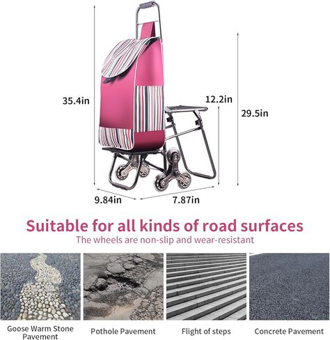 جيسي عربة دوارة قابلة للطي مع عجلات عربة تسوق حقيبة عربة محمولة، عربة خدمات عربات سلالم شديدة التحمل مع سلك بنجي قابل للتعديل و3 نماذج تبديل 6 عربة بقالة على عجلة (شريط وردي) in Kuwait