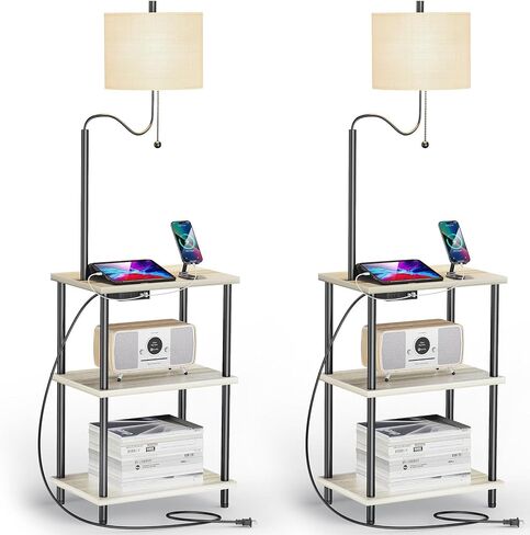 Set of 2 End Table with Lamp, Floor Lamp with Table Attached for Living Room, Small Bedside Nightstand Shelves, Side Table Reading Standing Light for Bedroom with USB Ports Type-C in Saudi Arabia