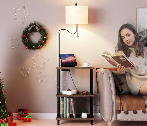 Set of 2 End Table with Lamp, Floor Lamp with Table Attached for Living Room, Small Bedside Nightstand Shelves, Side Table Reading Standing Light for Bedroom with USB Ports Type-C in Saudi Arabia
