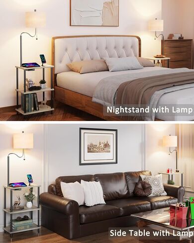 Set of 2 End Table with Lamp, Floor Lamp with Table Attached for Living Room, Small Bedside Nightstand Shelves, Side Table Reading Standing Light for Bedroom with USB Ports Type-C in Saudi Arabia