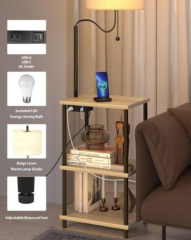 Set of 2 End Table with Lamp, Floor Lamp with Table Attached for Living Room, Small Bedside Nightstand Shelves, Side Table Reading Standing Light for Bedroom with USB Ports Type-C in Saudi Arabia