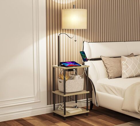 Set of 2 End Table with Lamp, Floor Lamp with Table Attached for Living Room, Small Bedside Nightstand Shelves, Side Table Reading Standing Light for Bedroom with USB Ports Type-C in Saudi Arabia