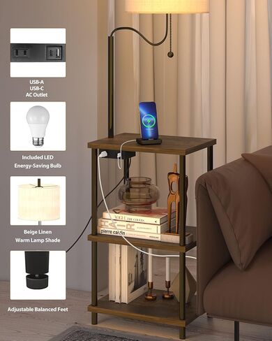 Set of 2 End Table with Lamp, Floor Lamp with Table Attached for Living Room, Small Bedside Nightstand Shelves, Side Table Reading Standing Light for Bedroom with USB Ports Type-C in Saudi Arabia