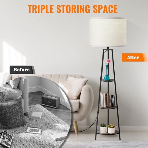 Floor Lamp, 3-Tier Round Corner Shelf Floor Lamp with 3 Dimmable Levels - Simple Standing Lamp with White Fabric Shade, Tall Modern Floor Lamps with Shelves for Bedroom, Living Room and Office in Kuwait