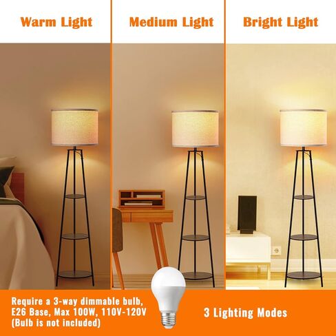Floor Lamp, 3-Tier Round Corner Shelf Floor Lamp with 3 Dimmable Levels - Simple Standing Lamp with White Fabric Shade, Tall Modern Floor Lamps with Shelves for Bedroom, Living Room and Office in Kuwait
