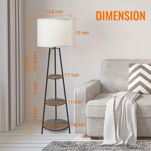Floor Lamp, 3-Tier Round Corner Shelf Floor Lamp with 3 Dimmable Levels - Simple Standing Lamp with White Fabric Shade, Tall Modern Floor Lamps with Shelves for Bedroom, Living Room and Office in Kuwait