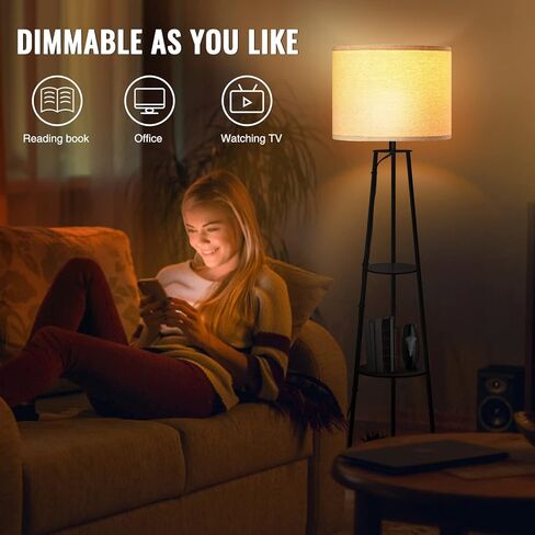 Floor Lamp, 3-Tier Round Corner Shelf Floor Lamp with 3 Dimmable Levels - Simple Standing Lamp with White Fabric Shade, Tall Modern Floor Lamps with Shelves for Bedroom, Living Room and Office in Kuwait