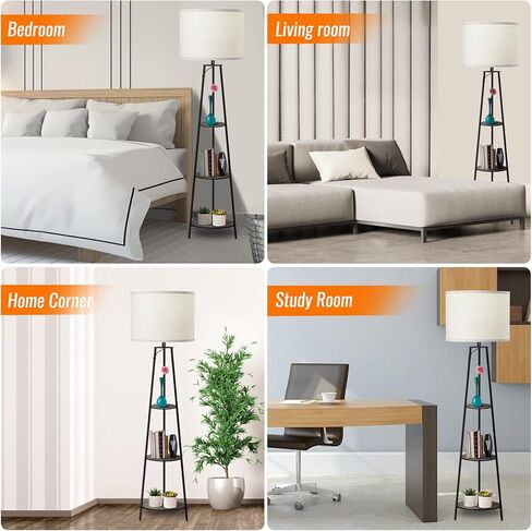 Floor Lamp, 3-Tier Round Corner Shelf Floor Lamp with 3 Dimmable Levels - Simple Standing Lamp with White Fabric Shade, Tall Modern Floor Lamps with Shelves for Bedroom, Living Room and Office in Kuwait