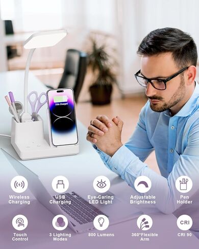 مصباح مكتب Sailstar مع منفذ شحن USB لشاحن لاسلكي، مصابيح مكتب LED للمكتب المنزلي، 800 لومن 3 أوضاع إضاءة حامل قلم قابل للتعتيم 360 درجة معقوفة، ضوء مكتب للعناية بالعين لغرفة النوم الجامعية، أسود in Kuwait