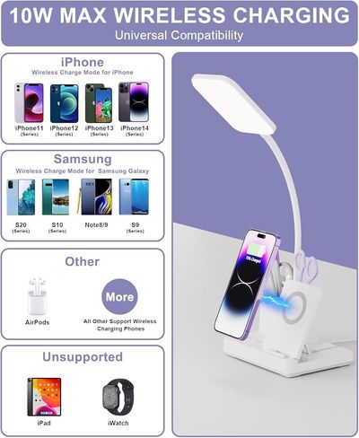 مصباح مكتب Sailstar مع منفذ شحن USB لشاحن لاسلكي، مصابيح مكتب LED للمكتب المنزلي، 800 لومن 3 أوضاع إضاءة حامل قلم قابل للتعتيم 360 درجة معقوفة، ضوء مكتب للعناية بالعين لغرفة النوم الجامعية، أسود in Kuwait