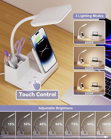 مصباح مكتب Sailstar مع منفذ شحن USB لشاحن لاسلكي، مصابيح مكتب LED للمكتب المنزلي، 800 لومن 3 أوضاع إضاءة حامل قلم قابل للتعتيم 360 درجة معقوفة، ضوء مكتب للعناية بالعين لغرفة النوم الجامعية، أسود in Kuwait