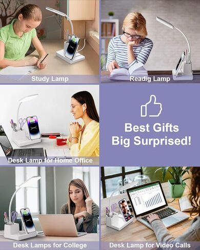 مصباح مكتب Sailstar مع منفذ شحن USB لشاحن لاسلكي، مصابيح مكتب LED للمكتب المنزلي، 800 لومن 3 أوضاع إضاءة حامل قلم قابل للتعتيم 360 درجة معقوفة، ضوء مكتب للعناية بالعين لغرفة النوم الجامعية، أسود in Kuwait