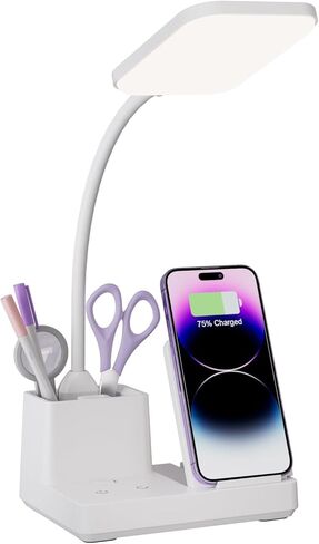 مصباح مكتب Sailstar مع منفذ شحن USB لشاحن لاسلكي، مصابيح مكتب LED للمكتب المنزلي، 800 لومن 3 أوضاع إضاءة حامل قلم قابل للتعتيم 360 درجة معقوفة، ضوء مكتب للعناية بالعين لغرفة النوم الجامعية، أسود in Kuwait