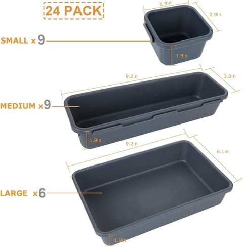 مجموعة من 24 صينية تنظيم أدراج مكتب متشابكة، أدراج بلاستيكية، فواصل، صناديق تخزين للحمام، المكتب، المطبخ، غرفة النوم، المكياج (رمادي) in Kuwait