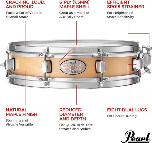 Pearl 13"x3" Brass Piccolo Snare Drum with Fat, Cracking Brass Shell Tone; Features 1mm Polished Brass Shell, 1.6mm Triple-Flanged Hoops, 8x dual Tension Lugs, and smooth SR018 Snare Strainer. in Kuwait