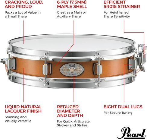 Pearl 13"x3" Brass Piccolo Snare Drum with Fat, Cracking Brass Shell Tone; Features 1mm Polished Brass Shell, 1.6mm Triple-Flanged Hoops, 8x dual Tension Lugs, and smooth SR018 Snare Strainer. in Kuwait