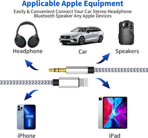 [معتمد من Apple MFi] سلك AUX لهاتف iPhone، 2 حزمة من كابل صوت Lightning إلى 3.5 مم بطول 3.3 قدم، محول مقبس سماعة الرأس، كابل صوت ستيريو Aux للسيارة، صوت Hi-Fi متوافق مع iPhone 14/13/12/11/XR/X/8/7 /SE/iPad in Kuwait