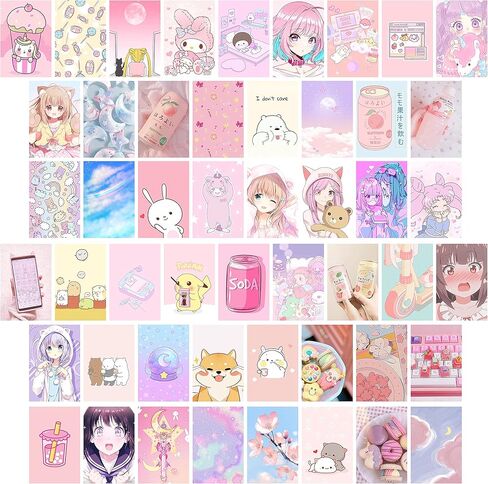 l1rabe 50pcs kawaii أنيمي الجمالية صورة جدار الفن التصويري كيت الوردي الكرتون تجميعها مجموعة بطاقة الطباعة، المدرسة النوم ملصق الصورة عرض نمط عصري، ديكور غرفة الفتيات الحلو لطيف مجمعة عدة هدايا السنة الجديدة in Kuwait