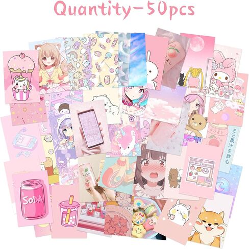 l1rabe 50pcs kawaii أنيمي الجمالية صورة جدار الفن التصويري كيت الوردي الكرتون تجميعها مجموعة بطاقة الطباعة، المدرسة النوم ملصق الصورة عرض نمط عصري، ديكور غرفة الفتيات الحلو لطيف مجمعة عدة هدايا السنة الجديدة in Kuwait