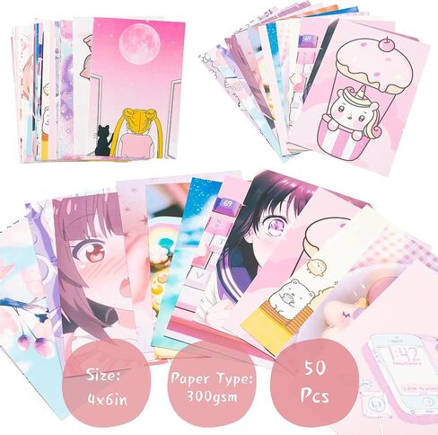 l1rabe 50pcs kawaii أنيمي الجمالية صورة جدار الفن التصويري كيت الوردي الكرتون تجميعها مجموعة بطاقة الطباعة، المدرسة النوم ملصق الصورة عرض نمط عصري، ديكور غرفة الفتيات الحلو لطيف مجمعة عدة هدايا السنة الجديدة in Kuwait
