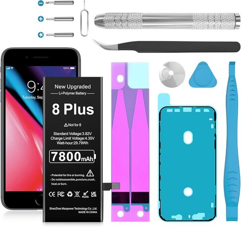 بطارية لهاتف iPhone 8 Plus، بطارية ليثيوم بوليمر مطورة بقدرة 7800 مللي أمبير في الساعة فائقة السعة بديلة لهاتف iPhone 8 Plus طراز A1864، A1897، A1898، A1899 مع مجموعة أدوات الإصلاح in Kuwait