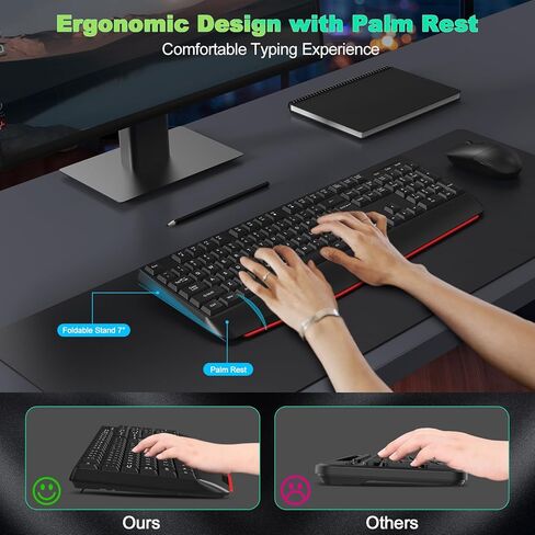 مجموعة لوحة مفاتيح وماوس لاسلكية من cimetech، لوحة مفاتيح مريحة كاملة الحجم 2.4G مع مسند راحة اليد، ماوس ضوئي قابل للتعديل 3 DPI، لوحة مفاتيح كمبيوتر هادئة للكمبيوتر المحمول Windows Mac in Kuwait