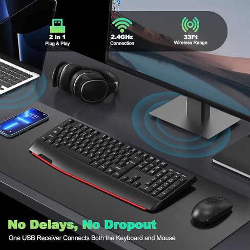 مجموعة لوحة مفاتيح وماوس لاسلكية من cimetech، لوحة مفاتيح مريحة كاملة الحجم 2.4G مع مسند راحة اليد، ماوس ضوئي قابل للتعديل 3 DPI، لوحة مفاتيح كمبيوتر هادئة للكمبيوتر المحمول Windows Mac in Kuwait