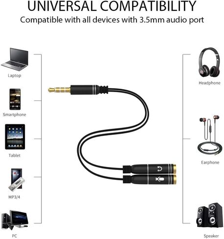 Headphone Splitter Adapter, 3.5mm Audio + Mic 4 Pole TRRS Splitter (3.5mm Male to 2X 3.5mm Female) Jack Y Cable Compatible for Gaming Headset to PS4/Xbox One/Phone/Laptop CTIA - 8inch/20CM in Kuwait