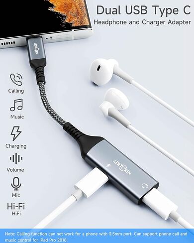 موزع USB C، محول سماعة رأس وشاحن USB C مزدوج، منفذ شحن USB C PD 3.0 2 في 1 إلى صوت Aux وسلك كابل دونجل شحن سريع 60 وات لهاتف Galaxy S22/S21/S20/Note 20، بكسل 4/3/2 / XL in Kuwait