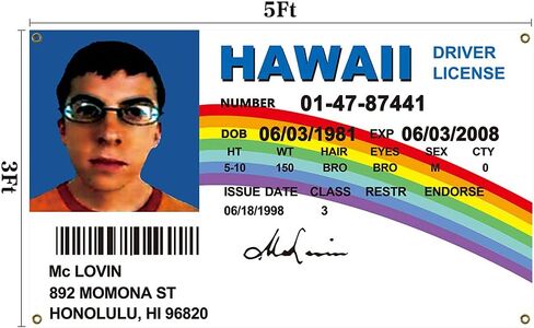 McLovin ID Flag 3x5Ft Fake Driver License Banner 3x5 Ft Funny Poster UV Resistance Fading & Durable Man Cave Wall Flag with Brass Grommets for College Dorm Room Decor,Outdoor And indoor in Kuwait