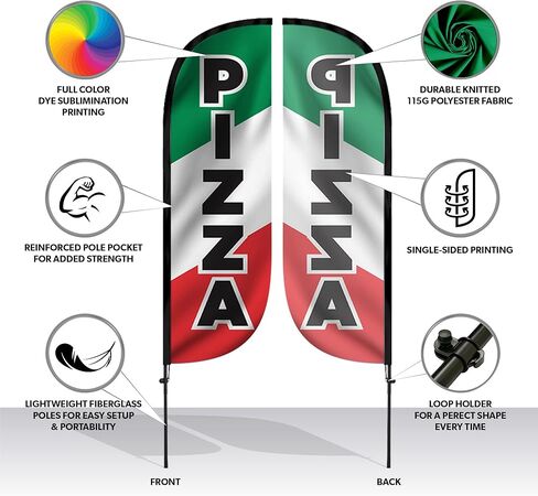 مجموعة أعلام الريش LookOURWay - لافتة إعلانية بطول 5 أقدام مع مجموعة عمود ومسامير أرضية لترويج الأعمال - بيتزا in Kuwait
