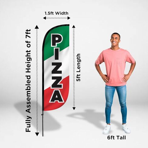 مجموعة أعلام الريش LookOURWay - لافتة إعلانية بطول 5 أقدام مع مجموعة عمود ومسامير أرضية لترويج الأعمال - بيتزا in Kuwait