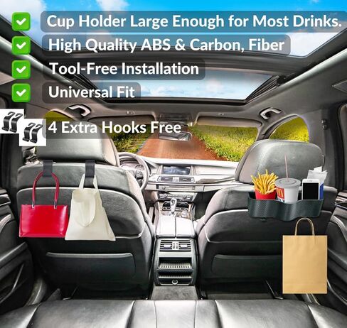حامل أكواب السيارة العالمي للمقعد الخلفي وحامل المناديل. ملحقات سيارة متعددة الوظائف للتعليق للأطفال والكبار، منظم سيارة لمسند الرأس يتضمن 4 خطافات مجانية للسيارات. in Kuwait