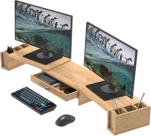 حامل شاشة مزدوج كبير مع درج وحامل أقلام، منظم سطح المكتب بطول وزاوية قابلة للتعديل، من الخيزران in Kuwait