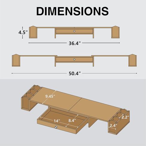 حامل شاشة مزدوج كبير مع درج وحامل أقلام، منظم سطح المكتب بطول وزاوية قابلة للتعديل، من الخيزران in Kuwait