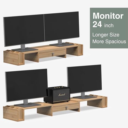 حامل شاشة مزدوج كبير مع درج وحامل أقلام، منظم سطح المكتب بطول وزاوية قابلة للتعديل، من الخيزران in Kuwait