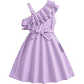 Verdusa Girl's Asymmetrical Ruffle Layered Midi Dress A Line Belted Sleeveless Flare Dresses