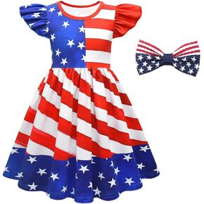 4th of July Toddler Girl Dress Memorial Day Outfit American Flag Flutter Dresses with Hair Clip, 3-8 Years