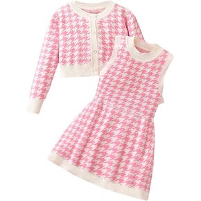 Verdusa Girl's 2 Piece Outfits Houndstooth Sleeveless A Line Short Dress with Button Down Cardigan
